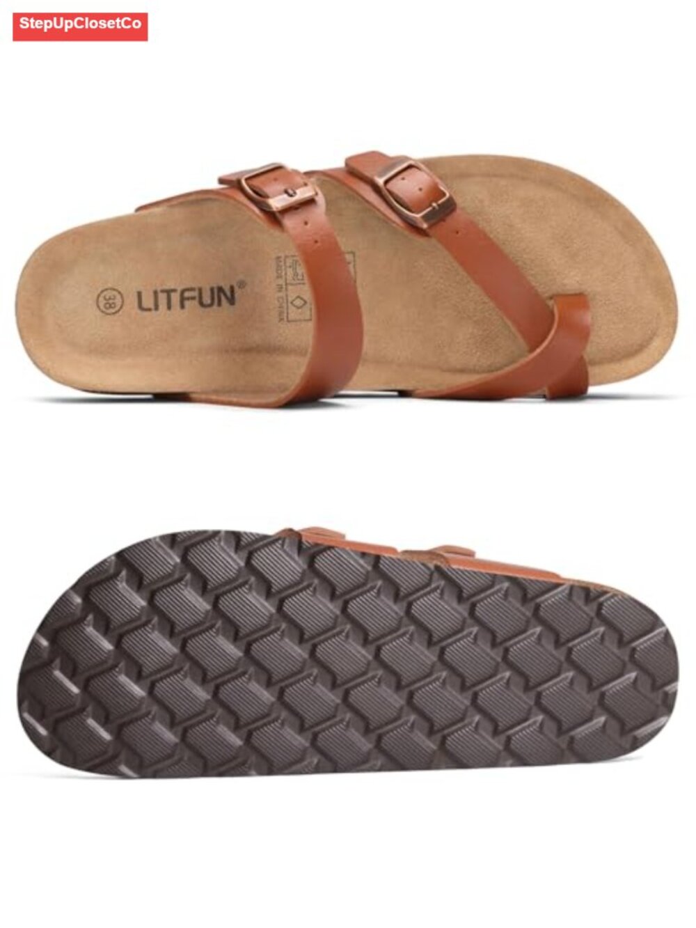 Genuine Suede Cork Footbed Sandals w/ Adjustable Buckle Slide - Picture 3 of 6